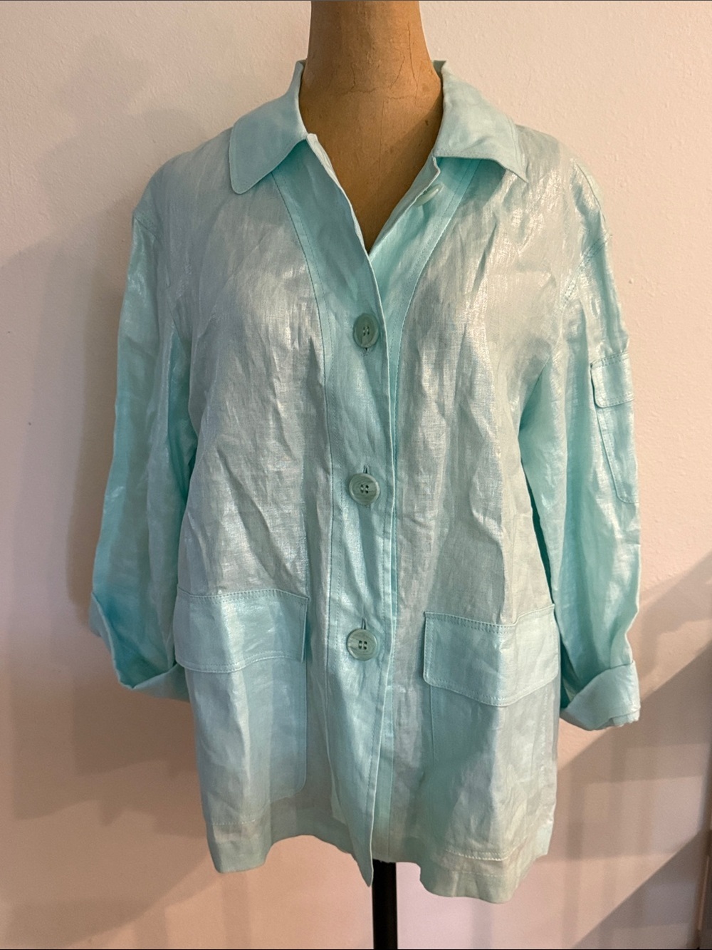 Lafayette 148 sz M Light Aqua Shimmer 100% linen Button-Front Jacket